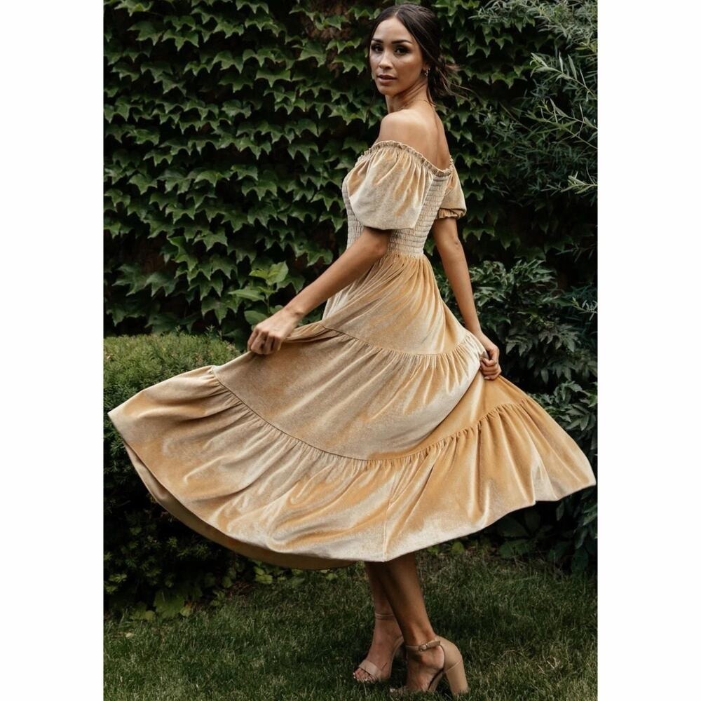 Baltic Born Vivaldi Smocked French Gold Velvet Puff Sleeve Midi Dress